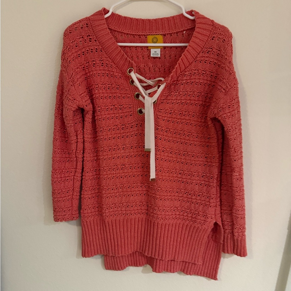 Ruby Rd. Lace-Up V-Neck Sweater in Coral